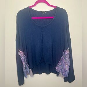 Thermal Long Sleeve Sequin Panel Navy Blue Flowy Boho Top Originality Sz Medium